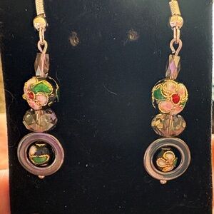 Hand Crafted Cloisonné, Crystal, and Hematite Floral Beaded Earrings